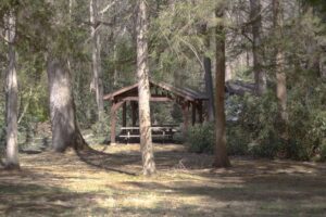 small pavilion with picnic table.