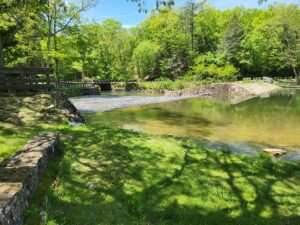 water flowing over the dam.