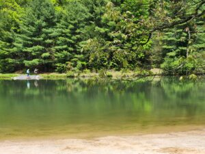 two men fishing in the lake.