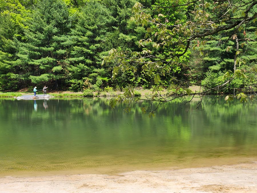 two men fishing in the lake.