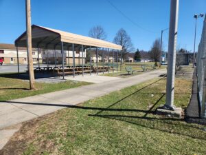pavilion with picnic tables.