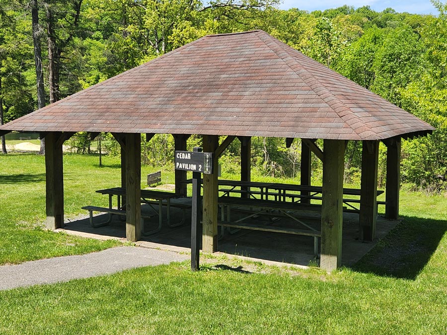 pavilion with picnic tables.