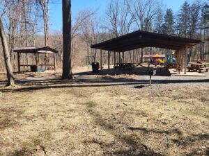 pavilion with picnic tables.