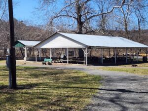 pavilion with picnic tables.