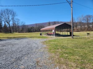 pavilion with picnic tables.