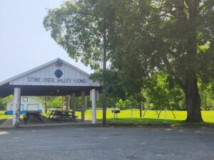 pavilion with picnic tables.