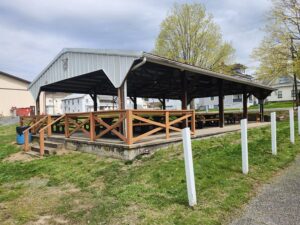 pavilion with picnic tables.