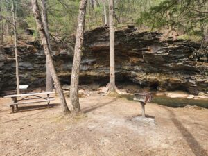 A stream runs past the rock wall.
