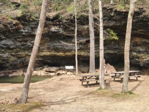 Picnic tables beside the stream and rock wall.