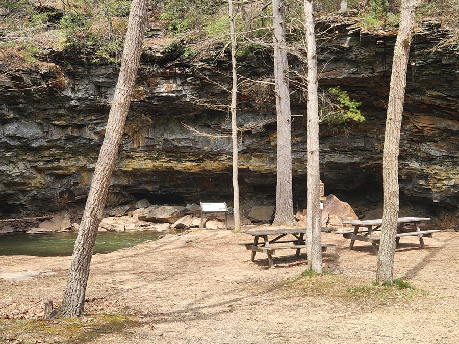Picnic tables beside the stream and rock wall.