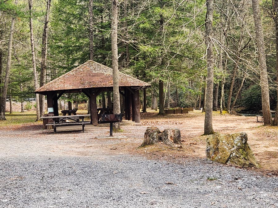pavilion with picnic tables and grills.