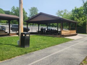 pavilion with picnic tables.