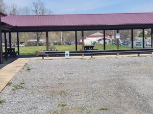 pavilion with picnic tables.