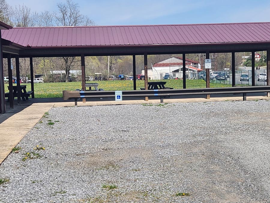 pavilion with picnic tables.