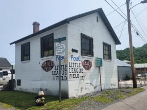 Pool sign on building.