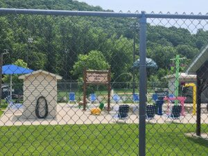 sign and splash pad.