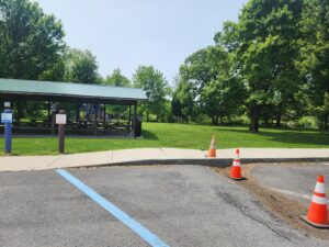 pavilion with picnic tables.