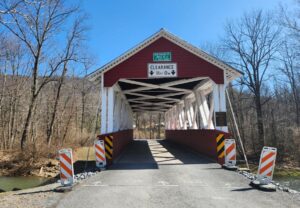 view through covered bridge.